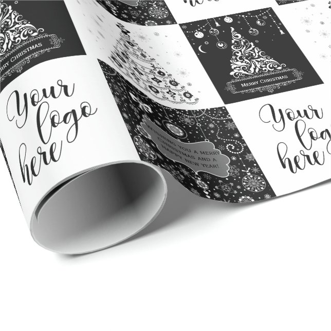Papier Cadeau Logo de Noël noir blanc Affaires (Coin rond)
