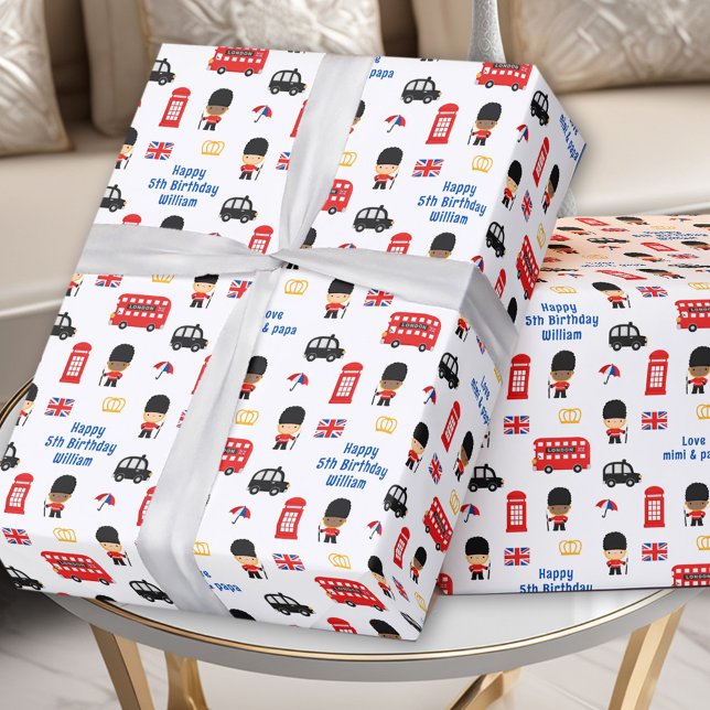 Papier Cadeau London Guards Nom du bus Garçon Anniversaire (London Guards Bus Name Boy Birthday Wrapping Paper)