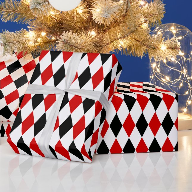 Papier Cadeau Losange Arlequin Rouge Blanc Noir (Vacances)