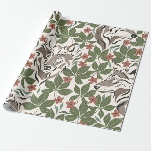 Papier Cadeau Loup Fantaisiste et Jardin Feuillu de Feuillage Ve