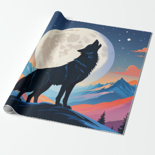Papier Cadeau Loup hurlant à la lune