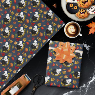 Papier Cadeau Loups Blancs Noirs Clair de Lune Feuilles d'Automn