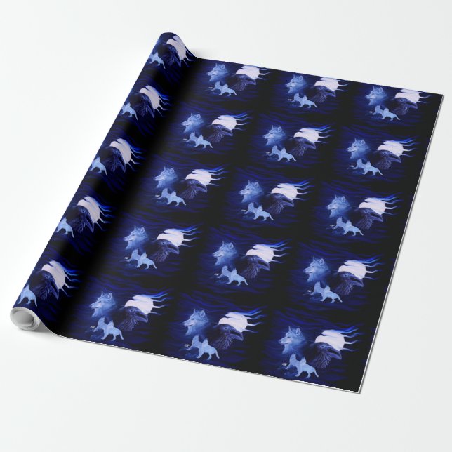 Papier Cadeau Loups et corbeau avec pleine lune (Déroulé)