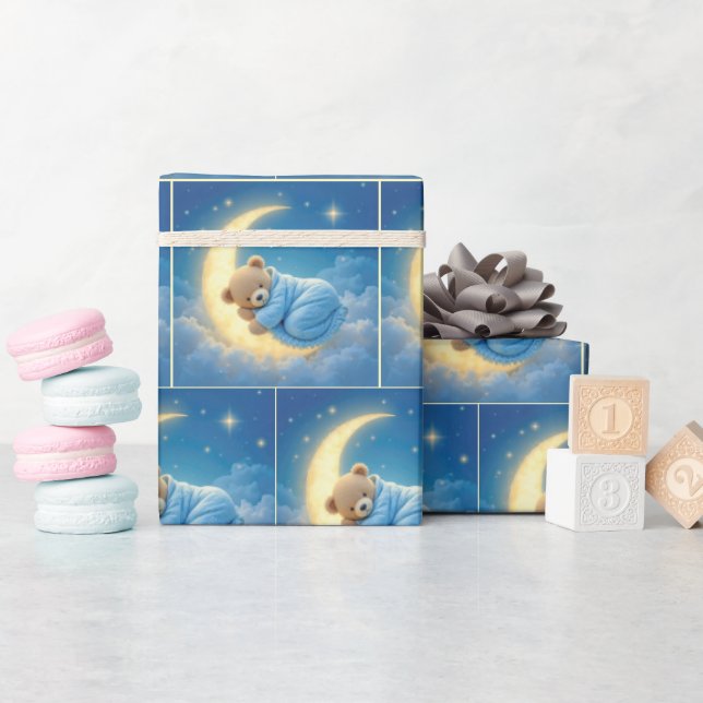 Papier Cadeau L'ours en peluche dort sur la lune (Baby Shower)