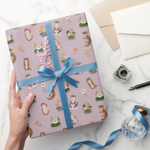 Papier Cadeau Loutres et nénuphars sur gris rose pastel