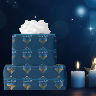 Papier Cadeau Love & Light Blue Gold Menorah Hanoukka Party