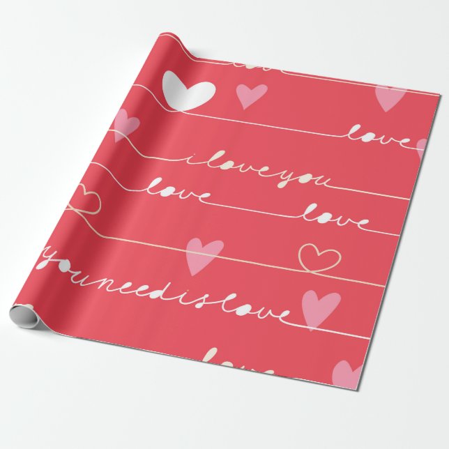 Papier Cadeau Love typographie et motif de coeur (Déroulé)
