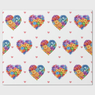 Papier Cadeau Lovely Floral Hearts on White Valentine's Day