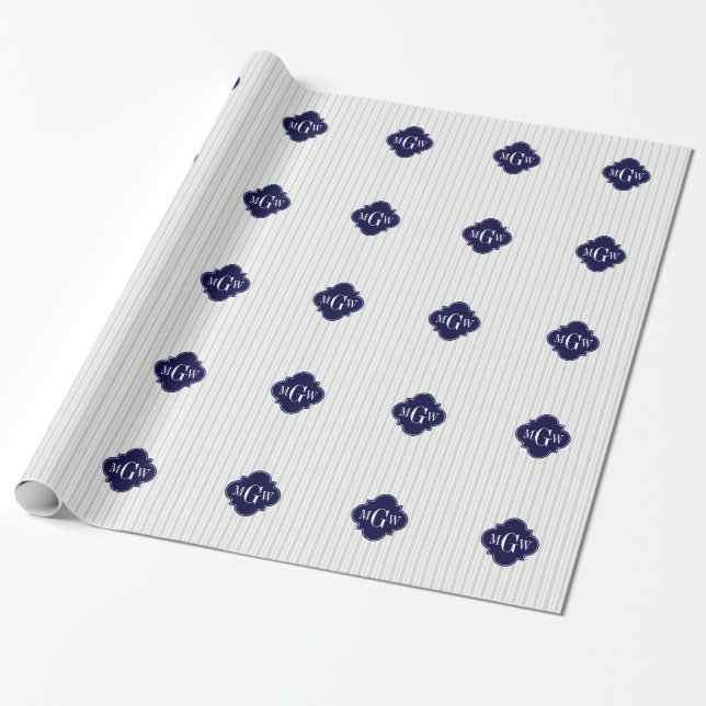 Papier Cadeau Lt Grey Whu EU Stripe Navy Quatrefoil 3 Monogramme (Déroulé)