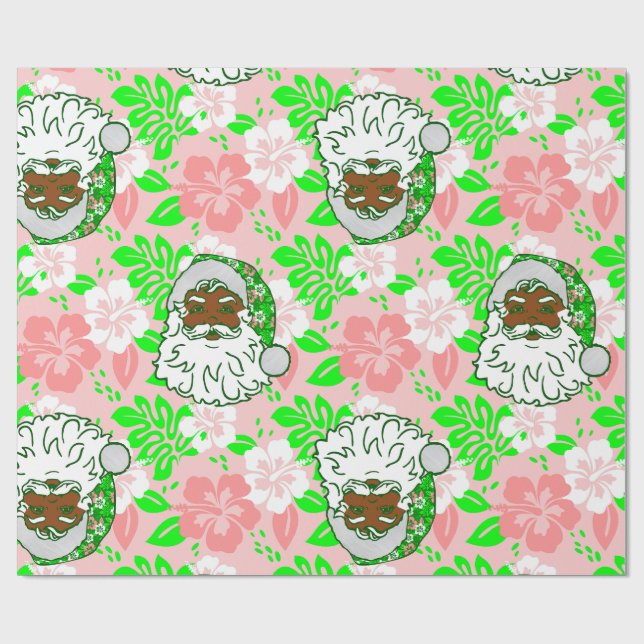 Papier Cadeau luau pink christmas hawaiian black santa hibiscus (Plat)