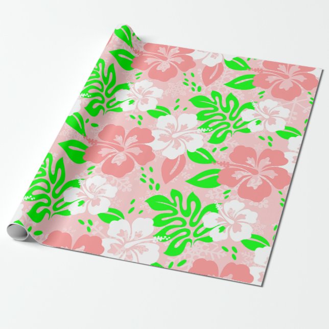 Papier Cadeau luau pink christmas hawaiian hibiscus floral xmas (Déroulé)