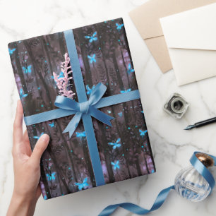 Papier Cadeau Lucioles Bleues Lumineuses dans une Forêt Enchanté