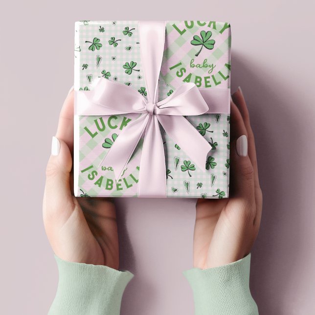 Papier Cadeau Lucky Baby Paddys rose et vert St Paddys (Cute Lucky Baby Personalized Pink & Green Gift Wrap. Baby Girl, New Baby, Baby Shower, 1st Birthday.)