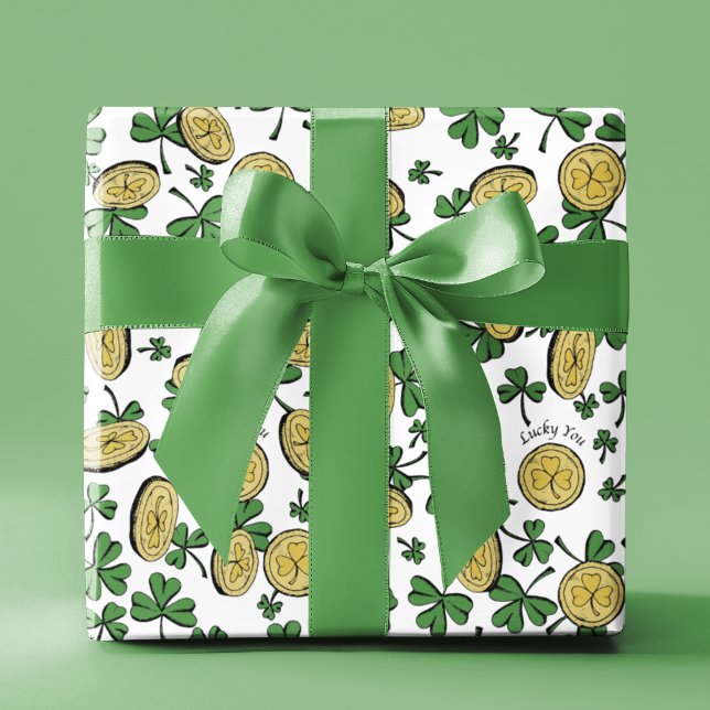 Papier Cadeau Lucky You Green Clover Gold Coins St Patrick's Day (Lucky You St Patrick's Day Wrapping Paper. Hand-Drawn Green Clovers & Gold Coins in Black Ink. White)