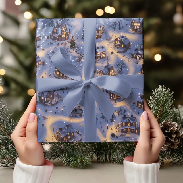 Papier Cadeau Lumières Chaudes dans un Village enneigé (Créateur téléchargé)