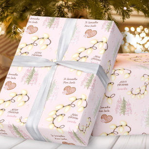 Papier Cadeau Lumières de Noël Moderne Pink Pastel Nom personnal