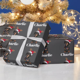 Papier Cadeau Lumières de Noël pour chien teckel personnalisées 