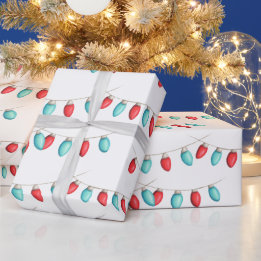 Papier Cadeau Lumières de Noël rouge et turquoise à motifs