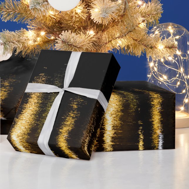 Papier Cadeau Lumières nocturnes Abstraites mer brillant or noir (Vacances)