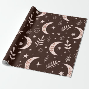 Papier Cadeau Lune Boho avec feuilles et étoiles marron 