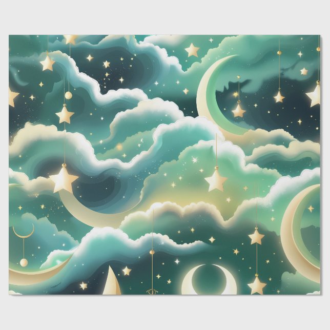 Papier Cadeau – Lune Céleste Vert Menthe Luxe (Plat)