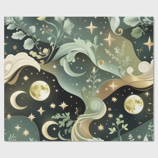 Papier Cadeau - Lune Céleste Vert Sauge (Plat)