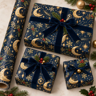 Papier Cadeau Lune d'Or Étoiles Constellation Céleste Noël