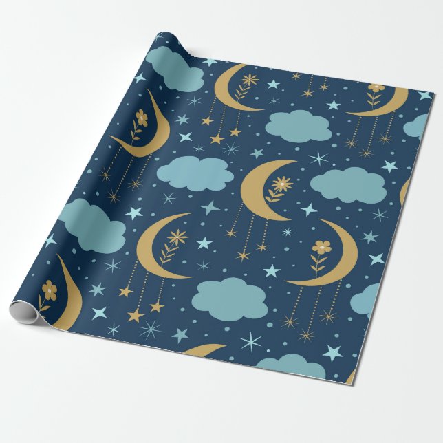 Papier Cadeau Lune dorée avec fleurs et nuages  (Déroulé)