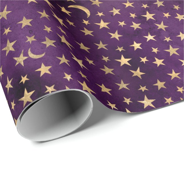 Papier Cadeau Lune et étoiles célestes or foncé violet (Coin rond)