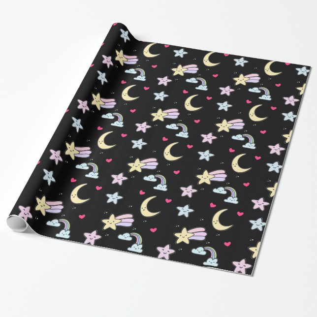 Papier Cadeau Lune, étoiles et nuages Motif sur noir (Déroulé)