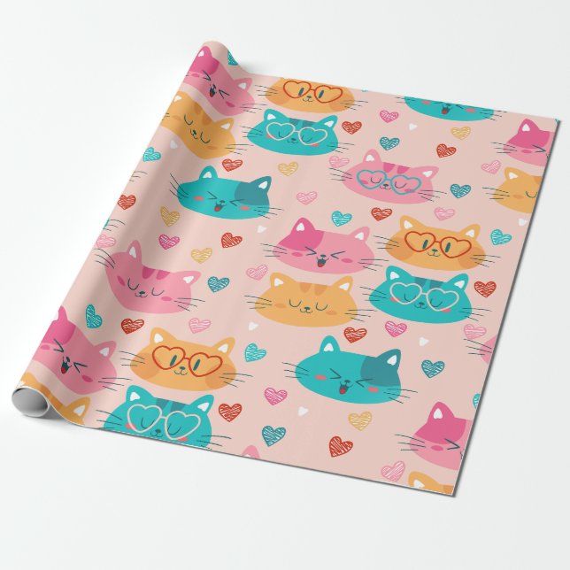 Papier Cadeau lunettes de chats mignons lunettes de coeur amusan (Déroulé)