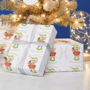 Papier Cadeau Lutin de Noël avec un cadeau