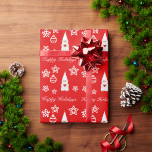 Papier Cadeau Lutin de Noël, flocons de neige et étoiles sur fon