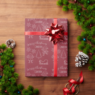 Papier Cadeau Lutins de Doodle de Noël Nom personnalisé Rouge