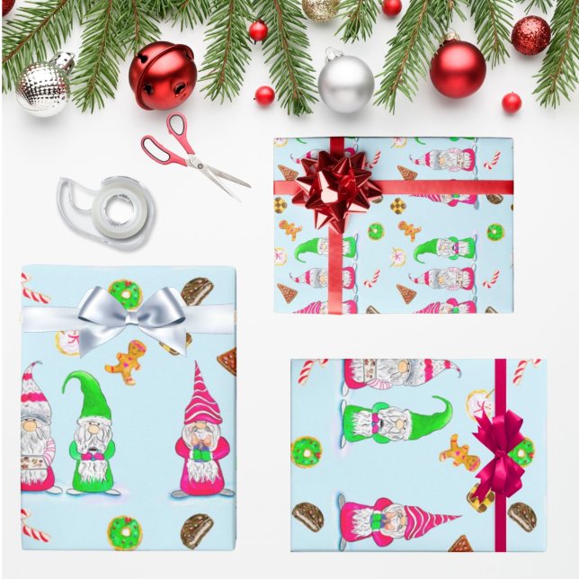 Papier Cadeau Lutins de Noël à l'aquarelle avec biscuits (Créateur téléchargé)