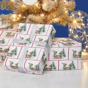 Papier Cadeau Lutins de Noël à l'aquarelle dans des flocons de n