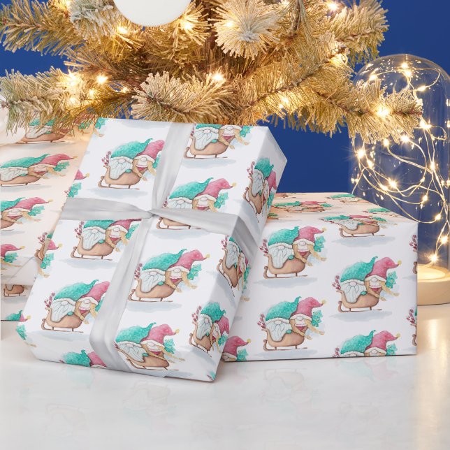 Papier Cadeau Lutins de Noël dans un traîneau (Vacances)