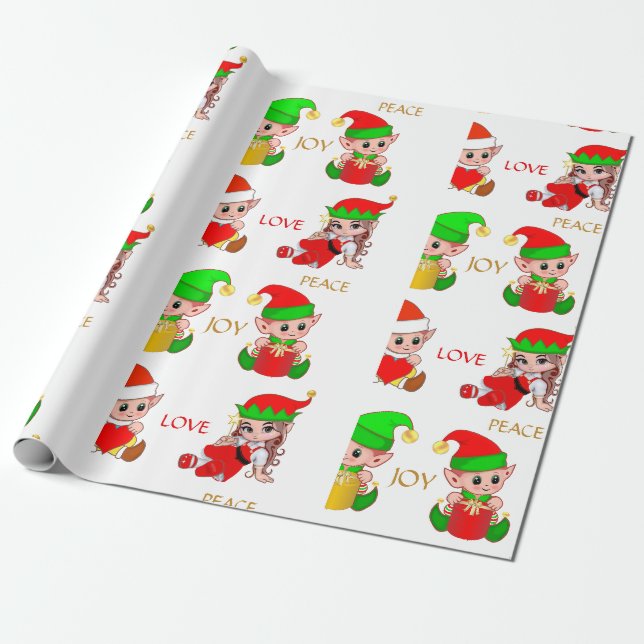 Papier Cadeau Lutins de Noël mignons sur fond blanc (Déroulé)