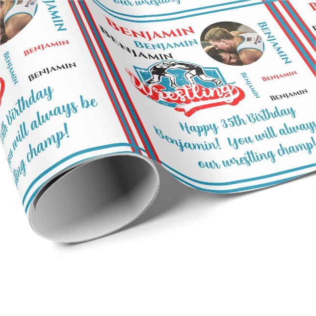 Papier Cadeau Lutte Nom Photo Age Anniversaire (Coin rond)