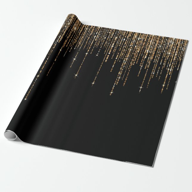 Papier Cadeau Luxe Chic Black Gold Fringe Parties scintillant ét (Déroulé)