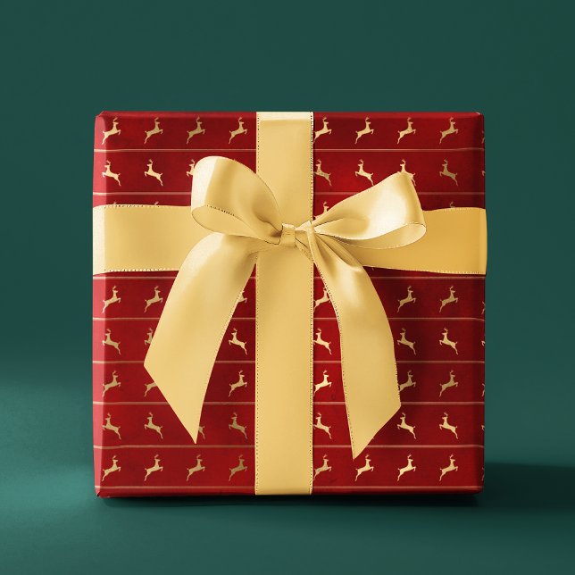 Papier Cadeau Luxe Chic Gold Reindeer Fêtes de Noël Rouge (Créateur téléchargé)
