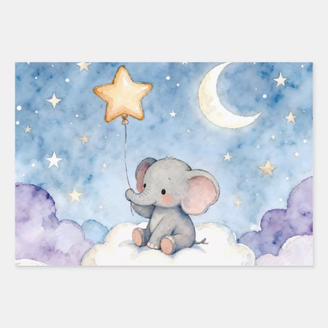 Papier cadeau luxe éléphant rêveur et étoiles (Devant)