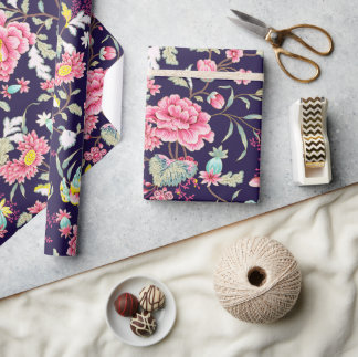 Papier Cadeau Luxe Japonais Peony rose et oiseaux Romantique