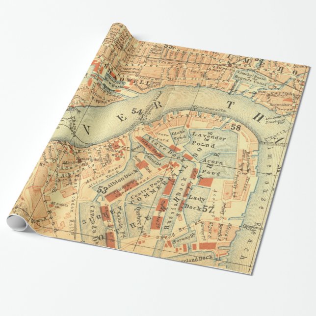 Papier Cadeau Luxe London River Thames Carte vintage (Déroulé)