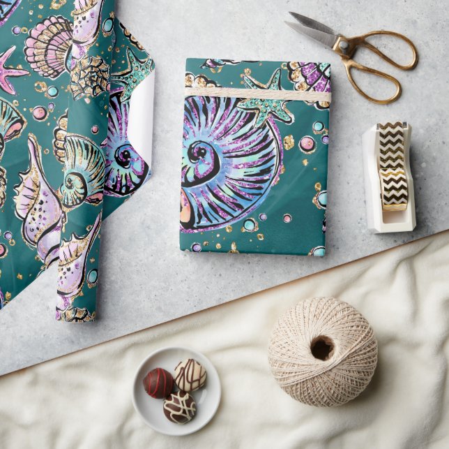 Papier Cadeau Luxe Turquoise sous-marin | Coquillages d'or Green (Artisanat)