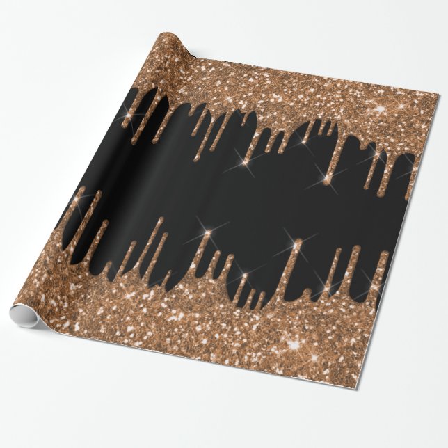 Papier Cadeau Luxueux gouttes de paillettes dorées sur fond noir (Déroulé)