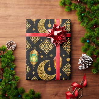 Papier Cadeau Luxueux Lanternes de Ramadan en Or Croissant Sans 