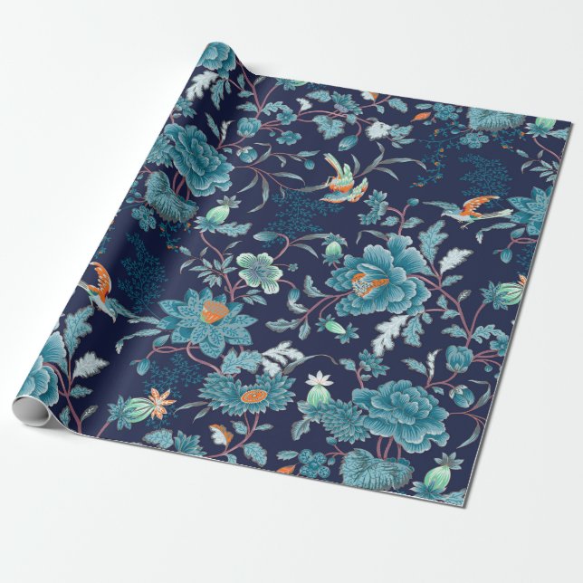 Papier Cadeau Luxueux Peony Bleu Japonais et oiseaux Romantique (Déroulé)