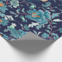 Luxueux Peony Bleu Japonais et oiseaux Romantique