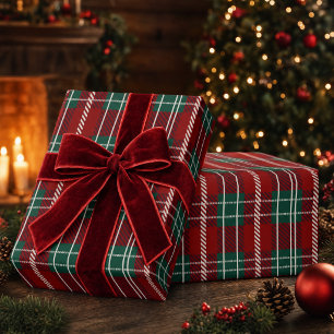 Papier Cadeau Luxueux Rouge Vert & Carreaux Tartan